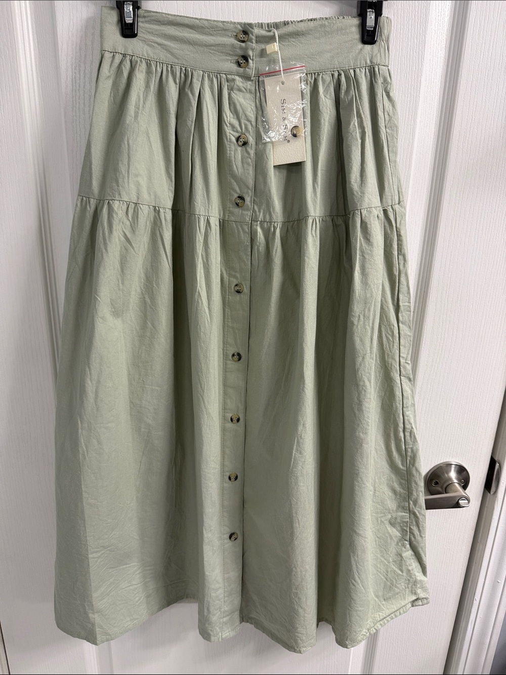 Sim & Sam Coquette Versatile Gathered Button-Front Midi Skirt in Sage Green